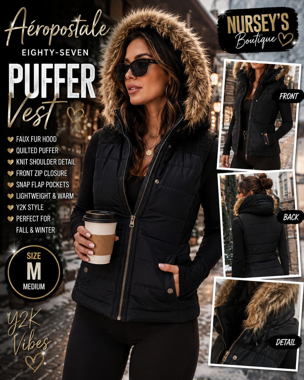 Aeropostale Black Puffer Vest M Faux Fur Hood Y2K 2013 Knit Detail